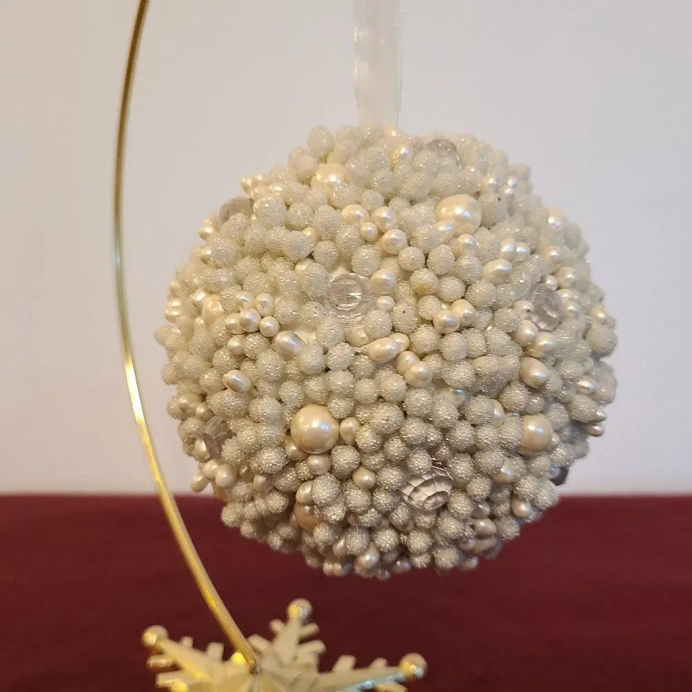 Faux Pearl Ornament Crystal Shimmer Bead Encrusted Oversize With Tulle Ribbon